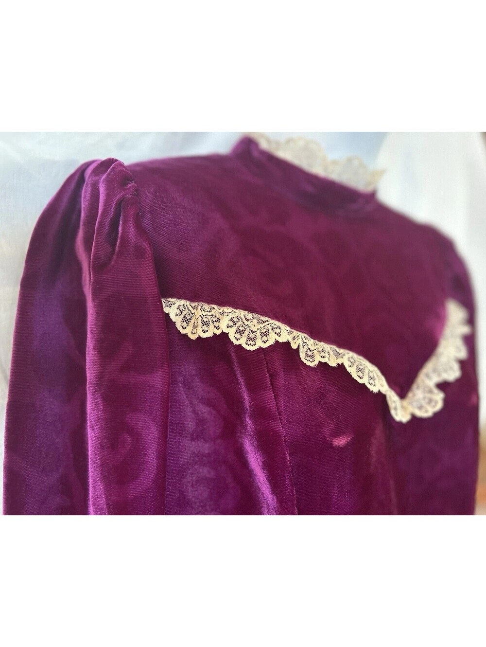 VTG 70s Handmade Prairie Victorian Gunne Cottage Lace Velvet Party Dress SZ M/L - Picture 3 of 8